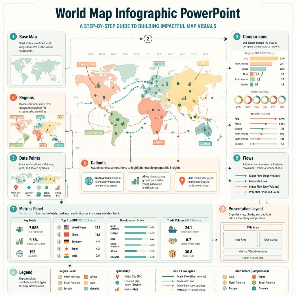 Portrait educational infographic poster with world map, numbered callouts, charts, arrows, legend, and slide layout