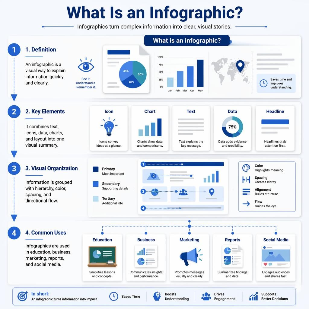 Póster vertical educativo sobre infografia que es, con 4 pasos numerados, tarjetas de papel, gráficos, iconos y flechas azules.