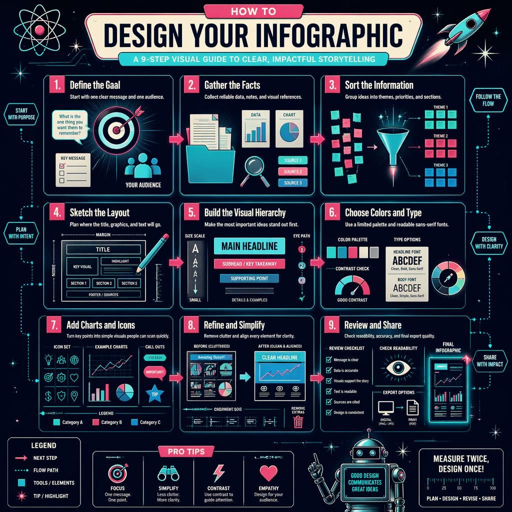 Póster infográfico vertical con 9 pasos conectados por flechas neón, estilo ciencia retro y tecnología futurista.