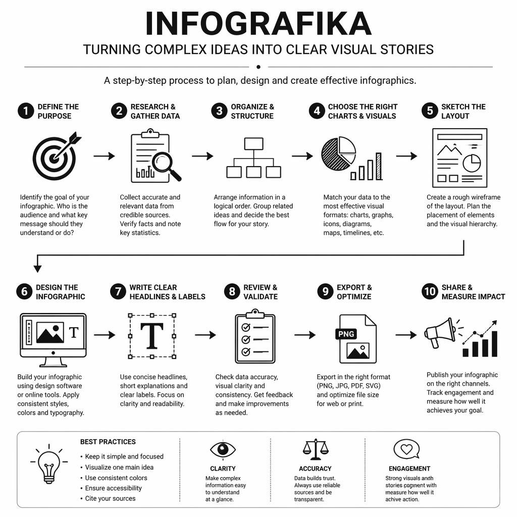 Detailní černobílá infografika fyziky a chemie s 8–10 očíslovanými kroky, šipkami a krátkými anglickými popisky.