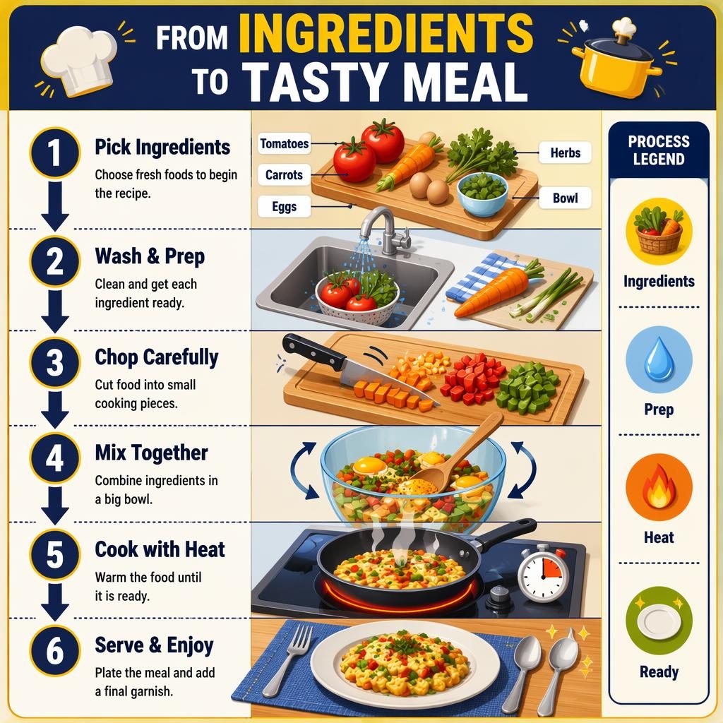 Portrait kids cooking infographic with 6 isometric steps from ingredients to serving in yellow and navy vector style.