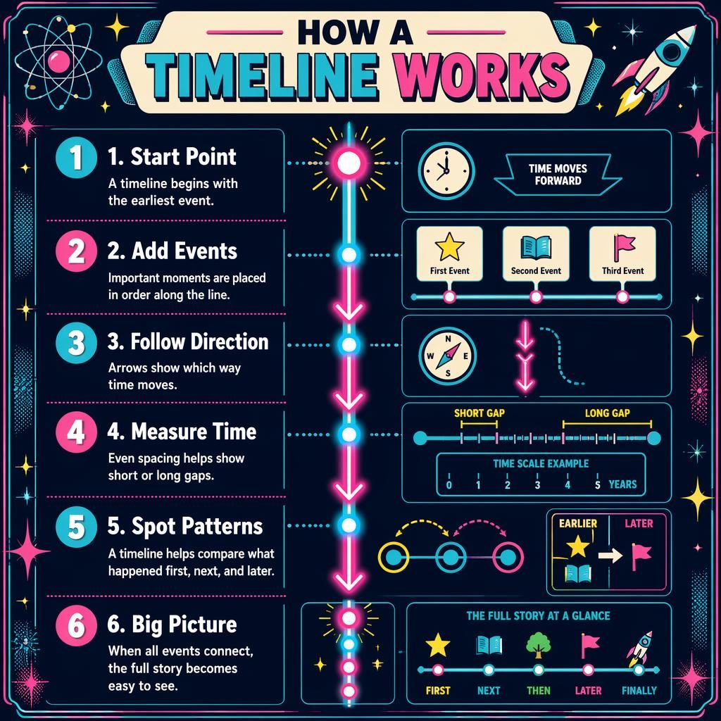 Portrait timeline infographic for kids with 6 numbered steps, arrows, icons, neon cyan and magenta on navy.