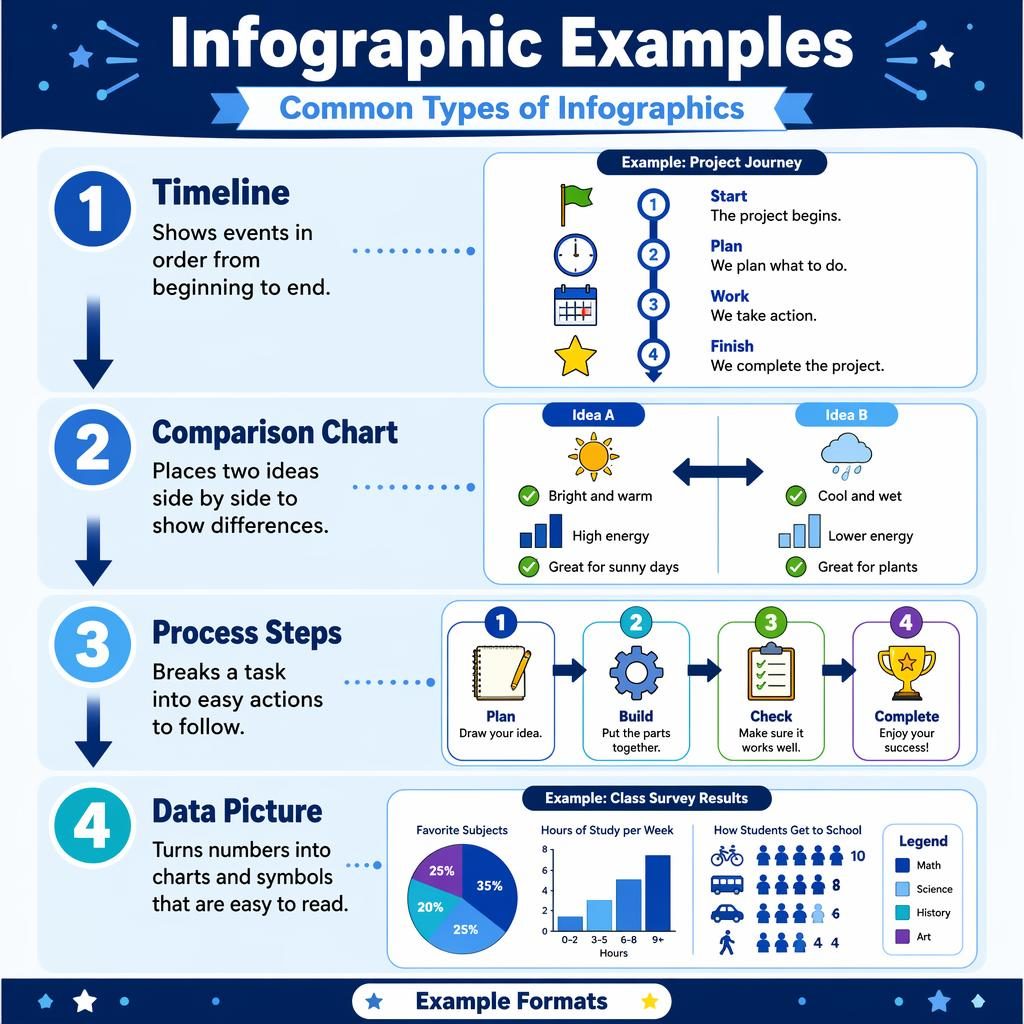 Portrait educational poster showing 4 infographic examples for kids with timeline, comparison chart, process steps, and data picture.
