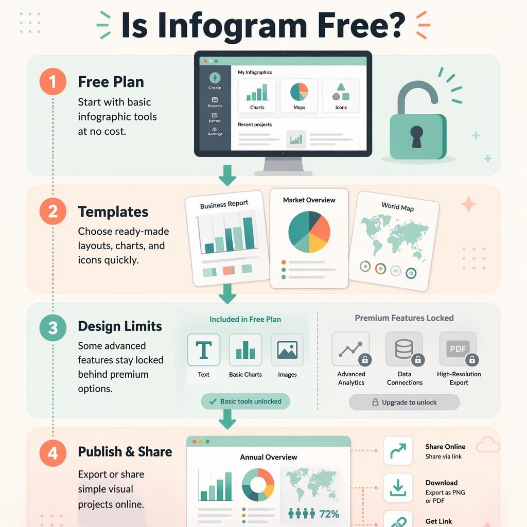Póster infográfico vertical de 4 pasos sobre si Infogram es gratis, con paneles menta y durazno, iconos UI y flechas curvas.