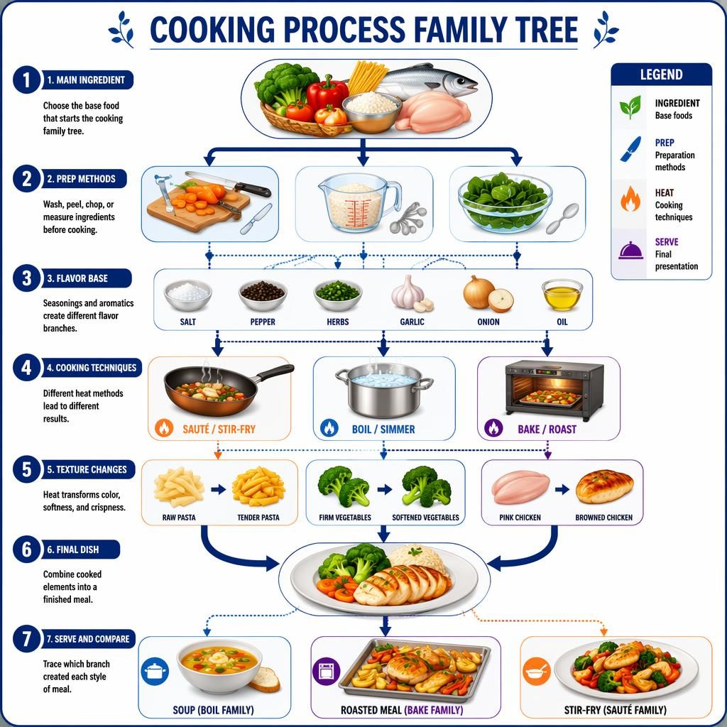 Portrait cooking family tree infographic poster with 7 numbered stages, branching arrows, food icons, legend, and final dishes.
