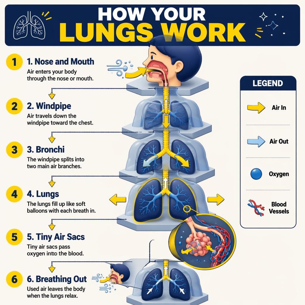 Kids lung infographic poster with 6 numbered isometric sections, yellow arrows, navy lungs, alveoli callout, and legend.