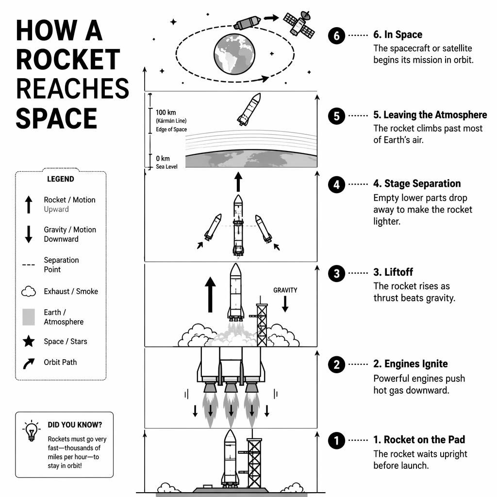 Black and white kids' infographic poster showing 6 rocket launch stages from pad to orbit with arrows and labels.