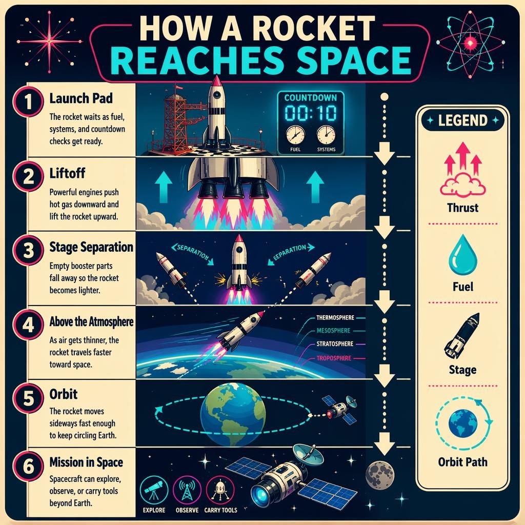 Portrait kids rocket infographic with 6 numbered steps, arrows, orbit diagram, legend panel, and retro neon space visuals.