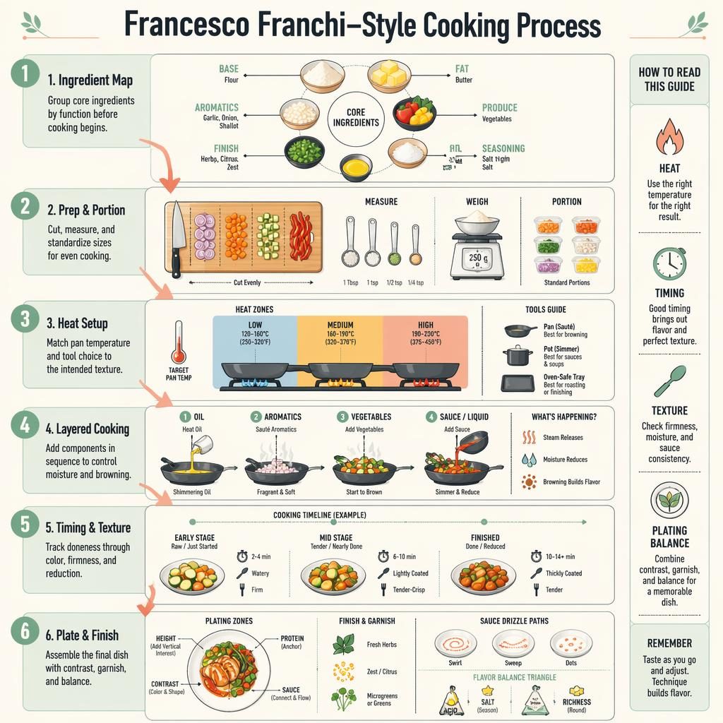 Portrait cooking process infographic with 6 numbered steps, arrows, ingredient diagrams, heat zones, timeline, and plating guide.