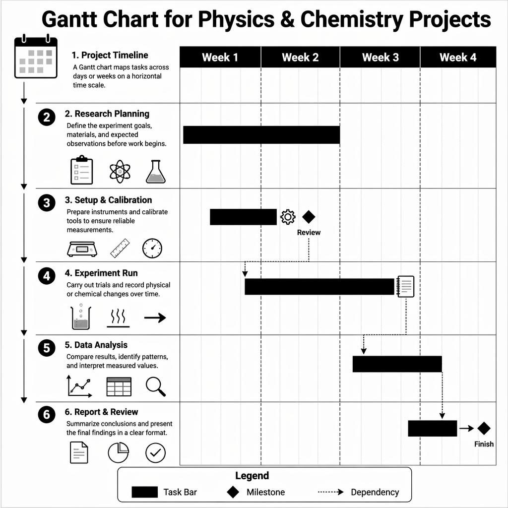Black and white educational gantt chart infographic poster with 6 numbered project stages, timeline grid, arrows, legend, and milestones.