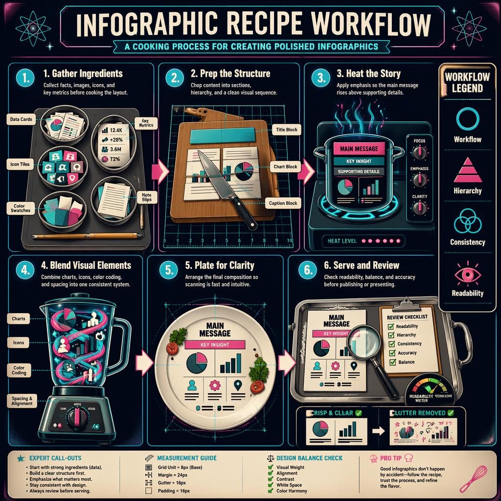 Portrait infographic poster showing a 6-step cooking-style workflow for building infographics in retro futuristic neon colors.