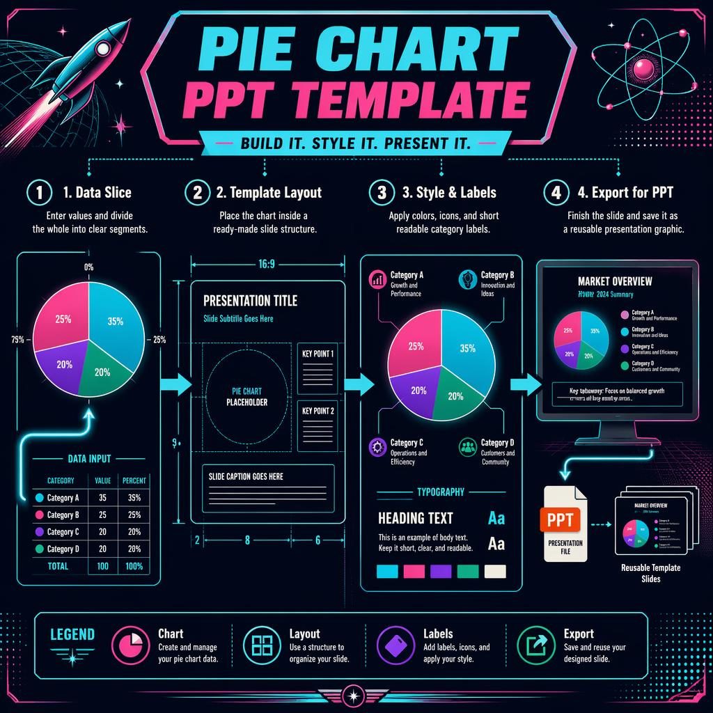 Landscape infographic poster with 4 pie chart PPT steps, neon cyan and magenta charts, slide wireframes, arrows, and export icons.