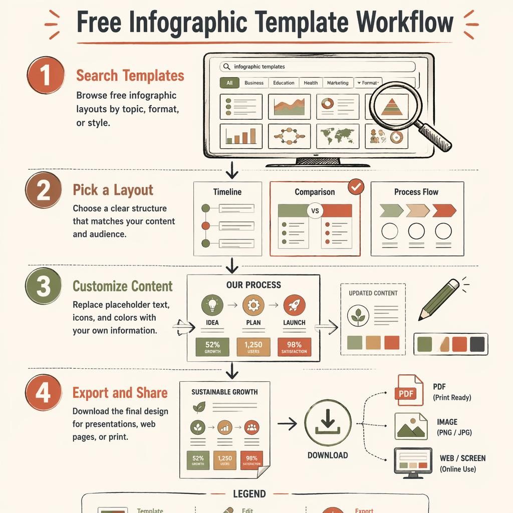 Póster infográfico vertical de 4 pasos con estilo pizarra sobre búsqueda, edición y exportación de plantillas gratis.