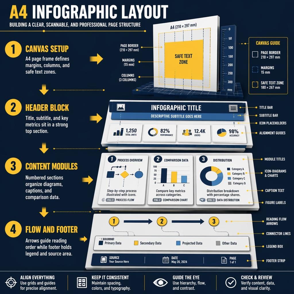 Póster infografia a4 en vertical con 4 bloques numerados, flechas, guías punteadas y paneles isométricos azul marino y amarillo.