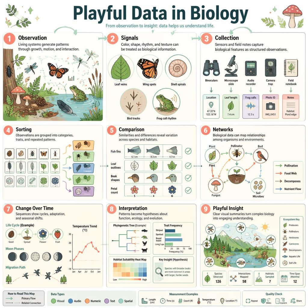 Portrait biology infographic with 9 numbered sections, mint-peach flat illustrations, arrows, data icons, charts, and labels.