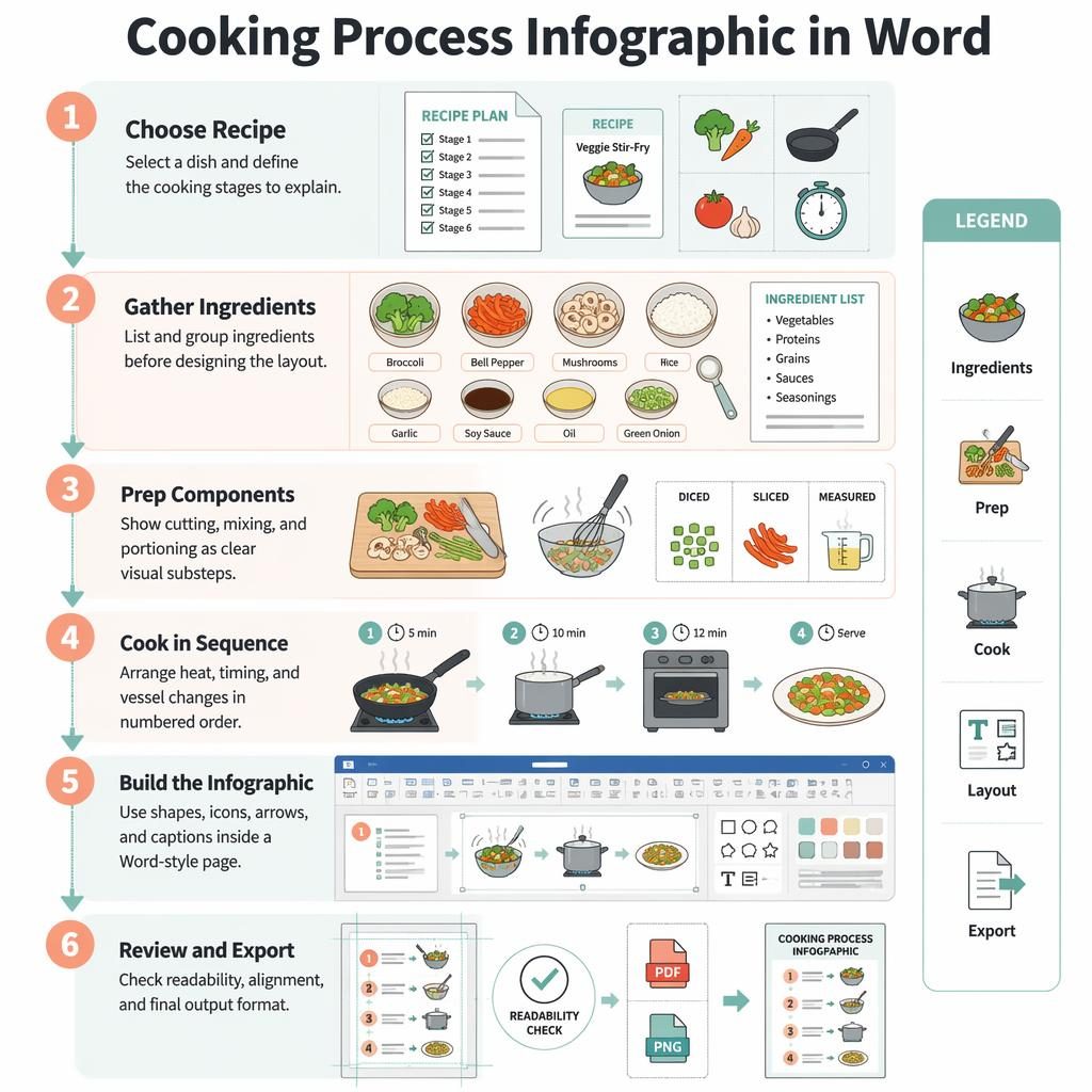 Póster infográfico vertical con 6 pasos de cocina en Word, flechas color menta, bloques durazno y leyenda lateral.