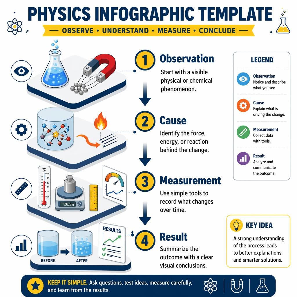 Isometrische infografik vorlage zu Physik mit 4 Schritten, Laborflasche, Magnet, Messwerkzeugen, Pfeilen und Ergebnisgrafik.
