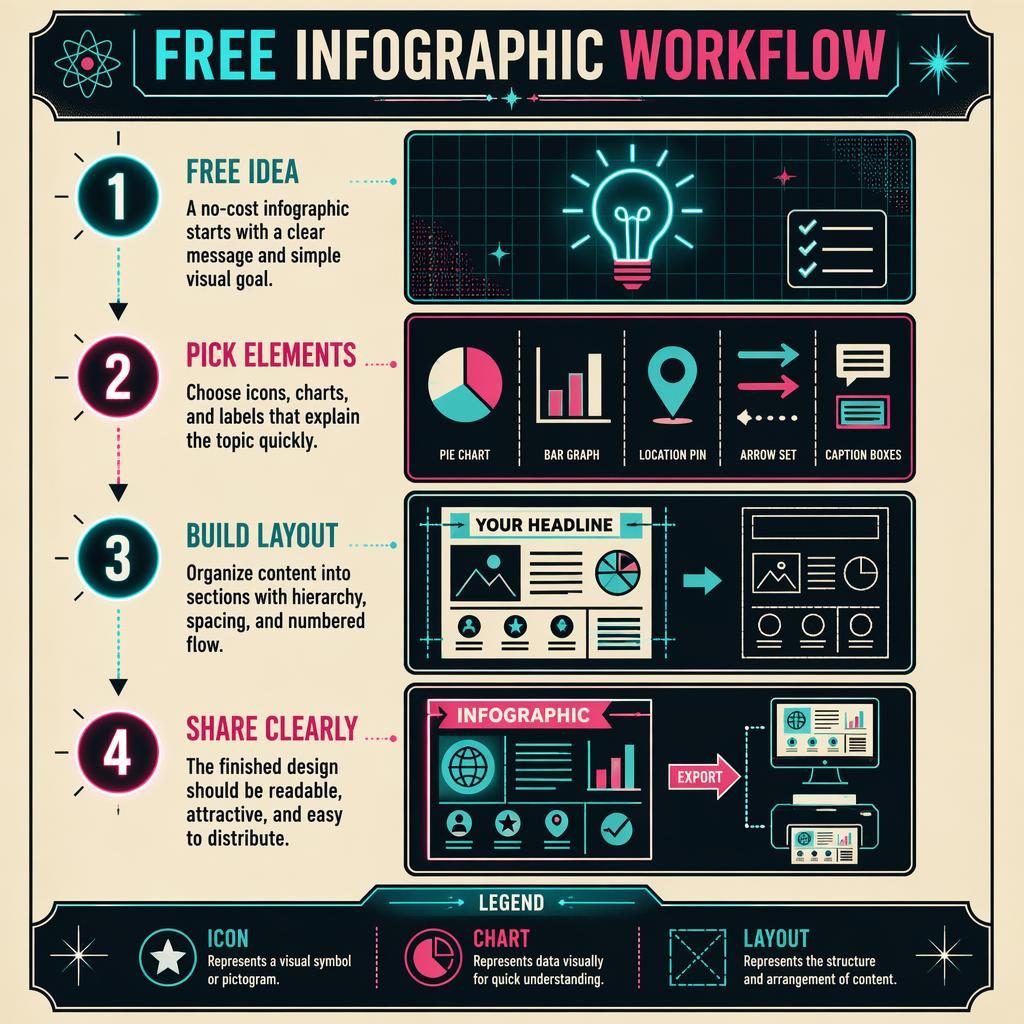 Portrait infographic poster showing 4-step infographic gratis workflow with icons, charts, arrows, and neon badges.