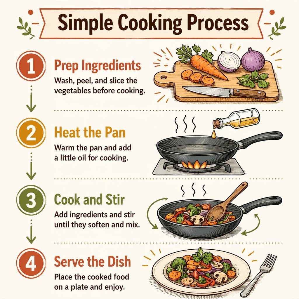 Portrait classroom infographic in whiteboard sketch style showing 4 cooking steps with arrows, numbered circles, pan, veggies, and plate.