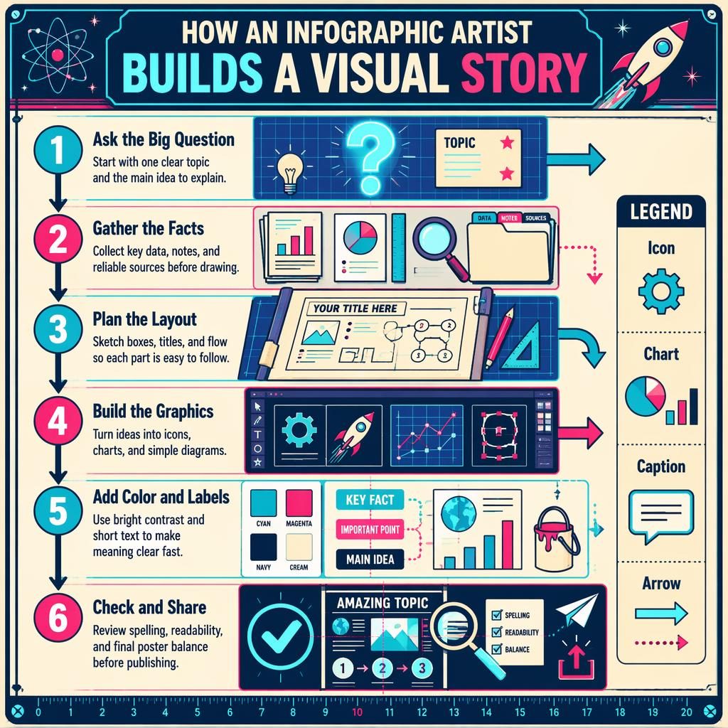 Portrait educational poster showing 6 numbered stages of an infographic artist workflow with charts, icons, arrows, and legend.