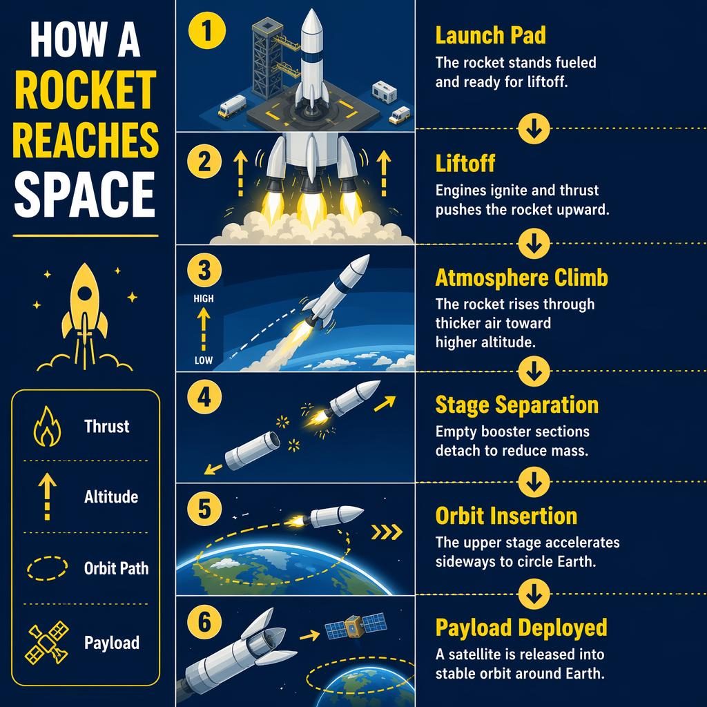 Portrait classroom infographic in infographic format showing 6 isometric rocket launch steps with arrows, legend, Earth, and satellite.