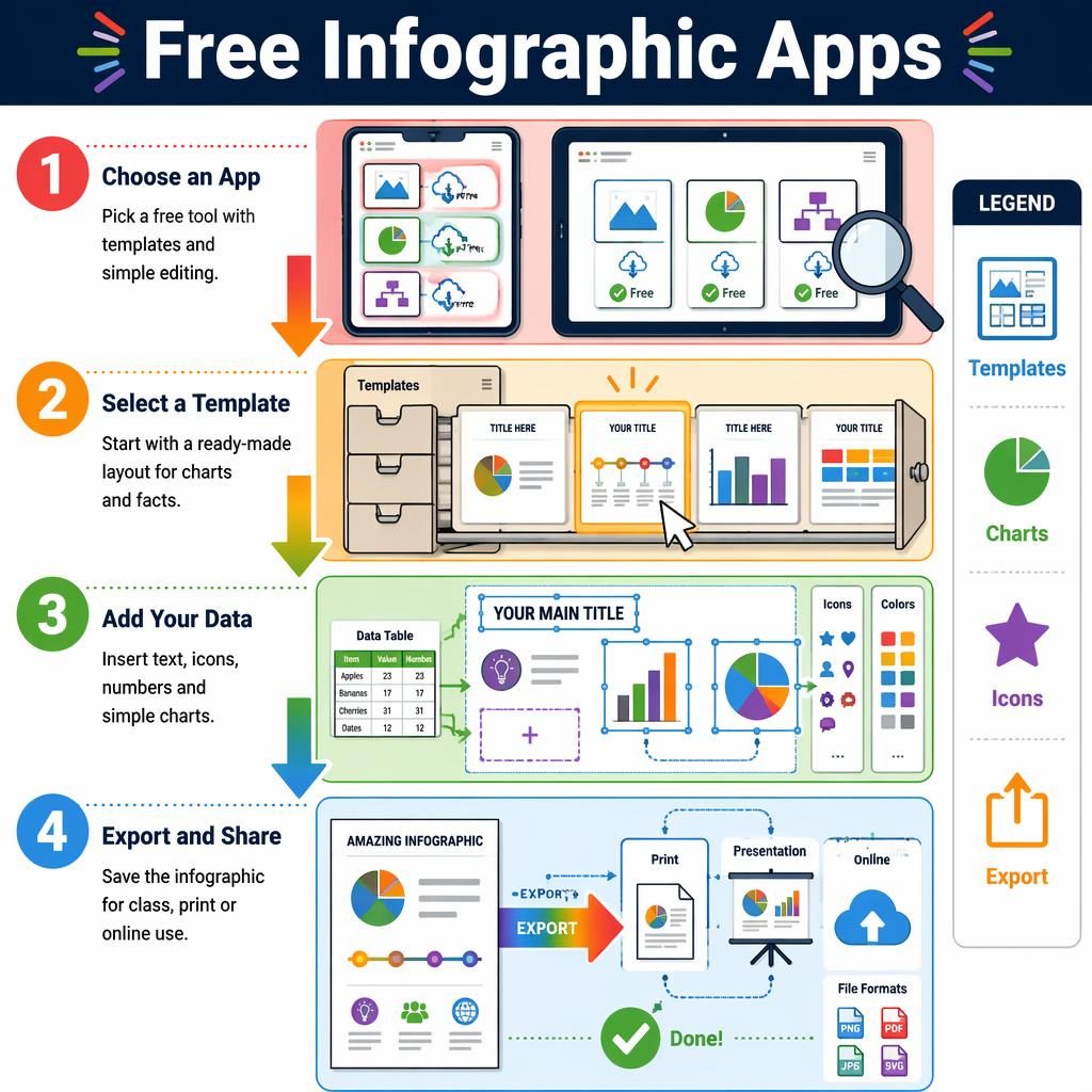 Portrait infographic poster showing 4 steps for free infographic apps with device screens, templates, data tools, export icons.