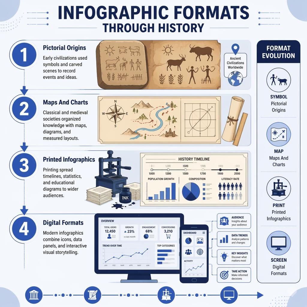 Póster infográfico vertical con 4 etapas históricas, flechas azules, iconos de mapa, imprenta y pantalla.
