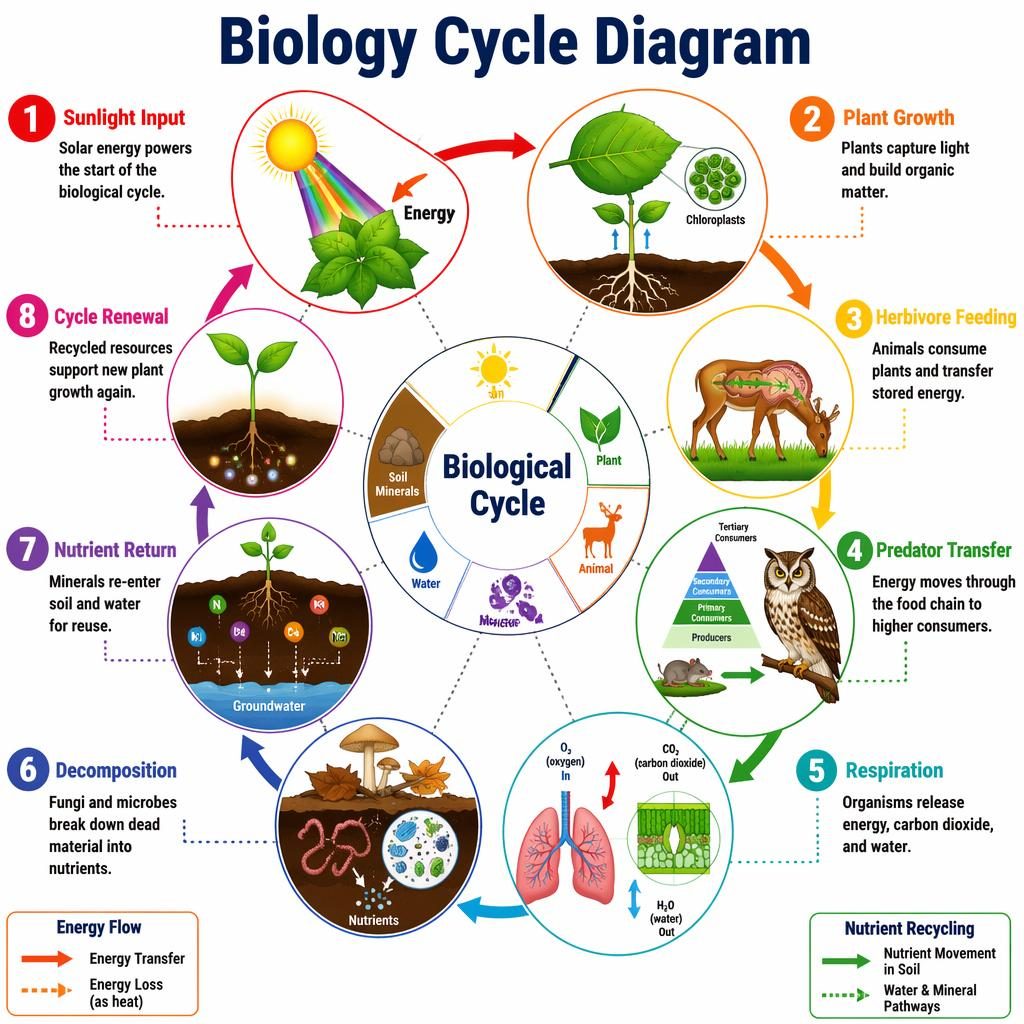 Landscape biology cycle infographic poster with 8 numbered stages, central hub, arrows, icons, and classroom labels