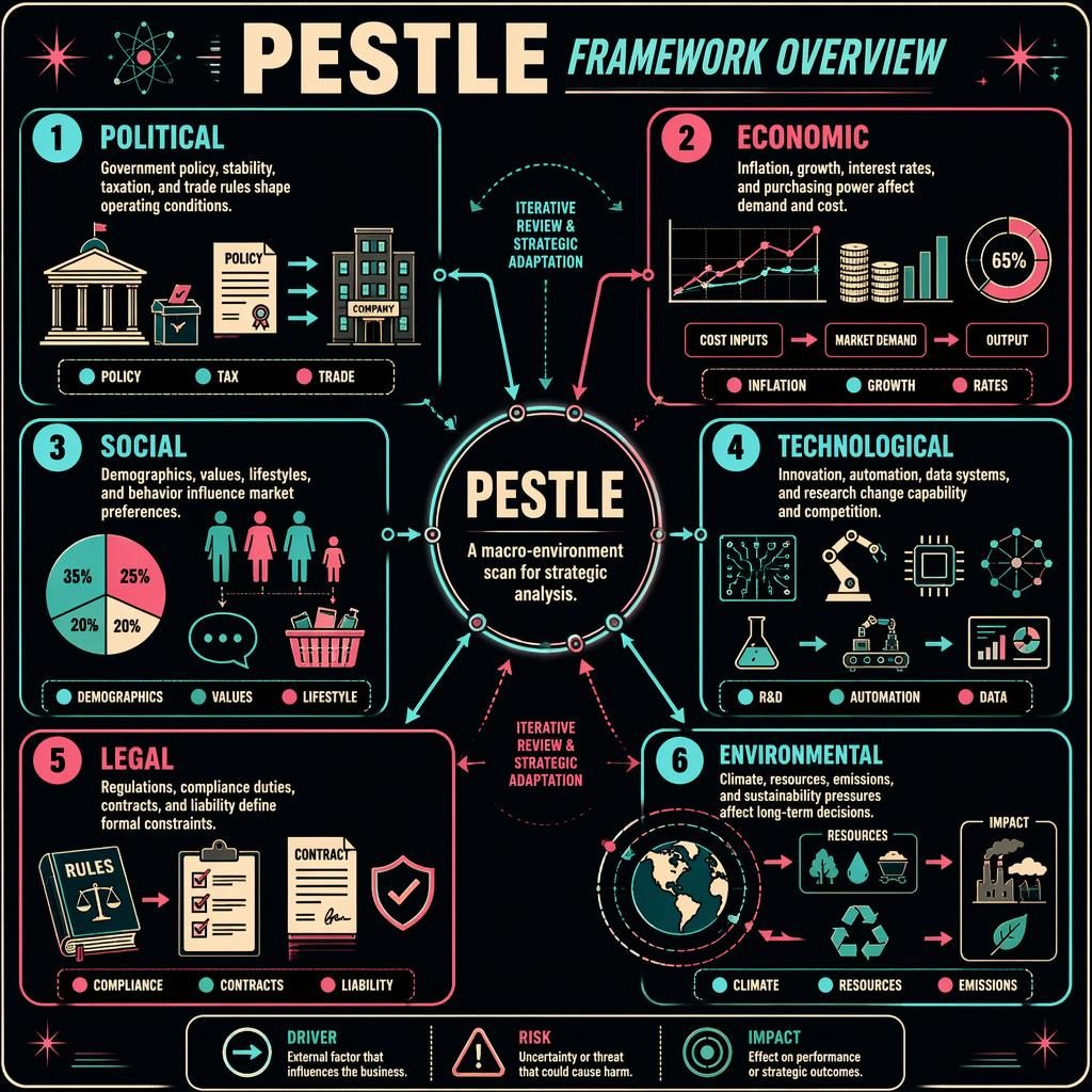 Portrait PESTLE infographic poster with 6 numbered sections, central hub, arrows, icons, and retro neon cyan-magenta styling.