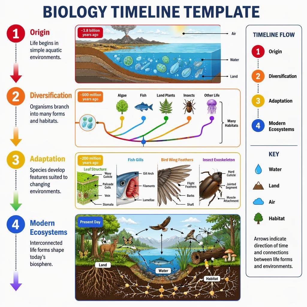 Portrait biology timeline infographic with 4 numbered stages, cutaway diagrams, rainbow arrows, legend, and clean labels.