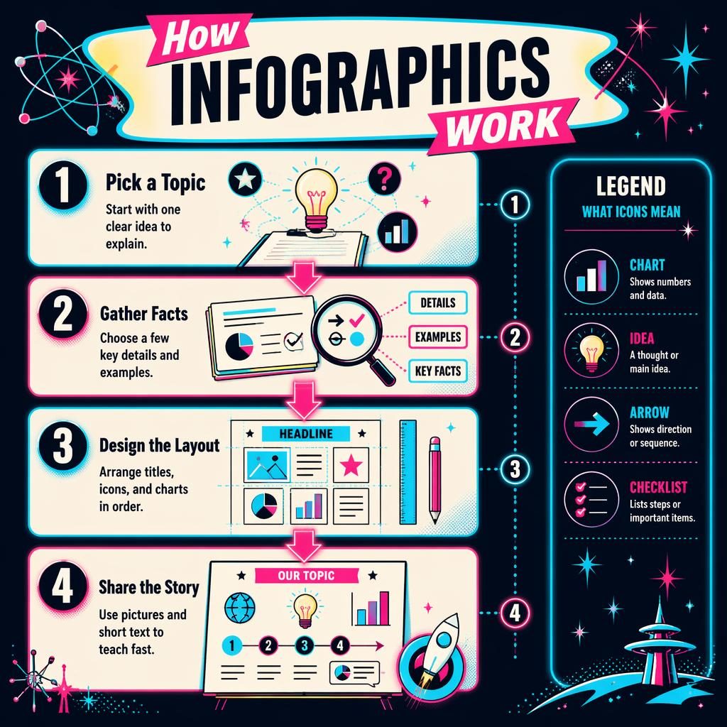 Póster infográfico vertical para niños con 4 pasos, flechas neón, iconos, panel de leyenda y estilo retro tecnológico.