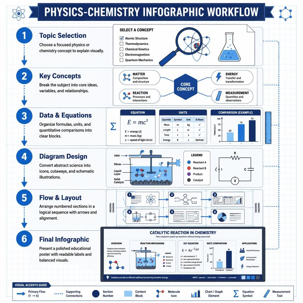 Portrait physics-chemistry workflow infographic with 6 numbered steps, blue arrows, diagrams, charts, and clean labels.