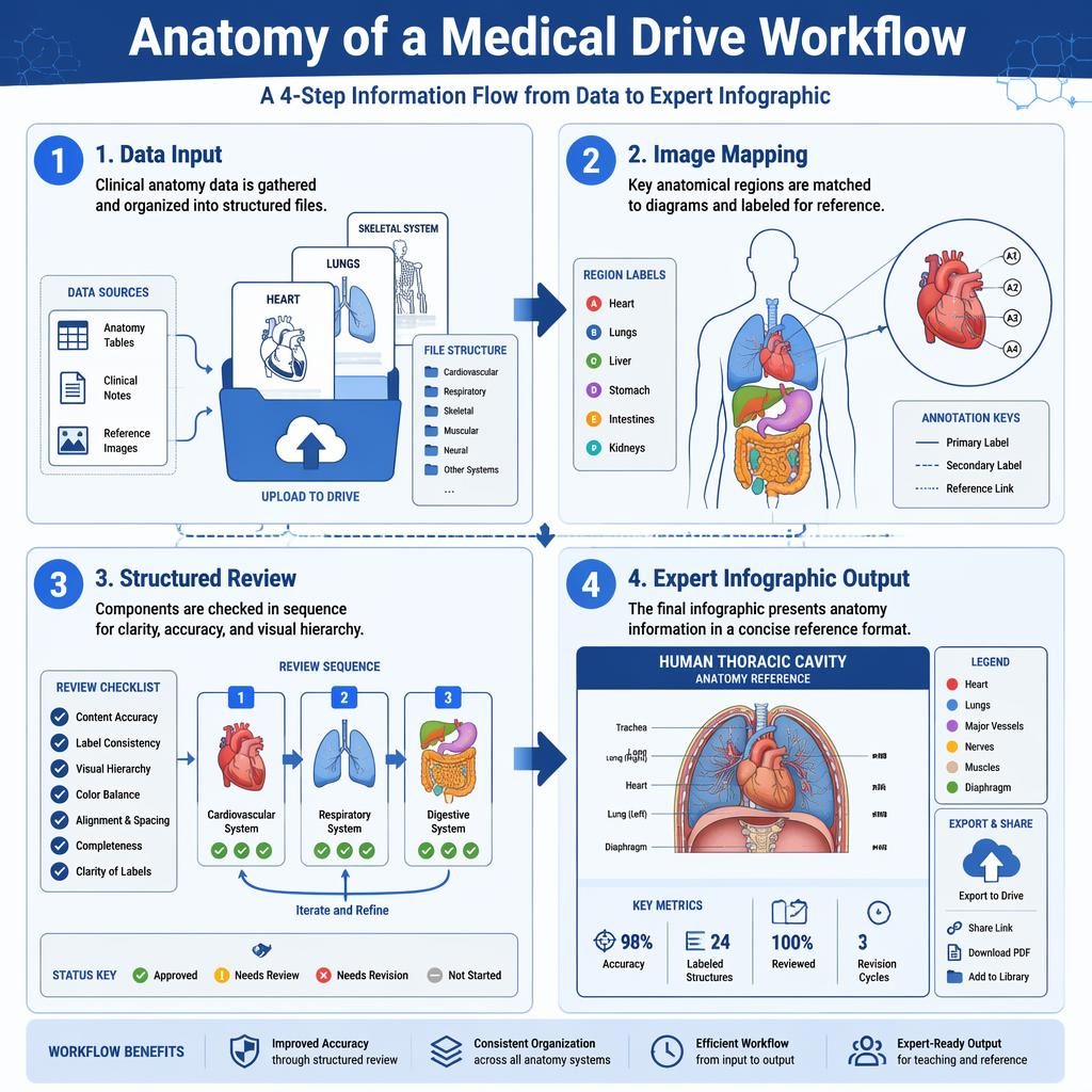 Póster infográfico vertical con 4 pasos del flujo médico en drive, diagramas anatómicos, flechas azules y diseño editorial limpio.