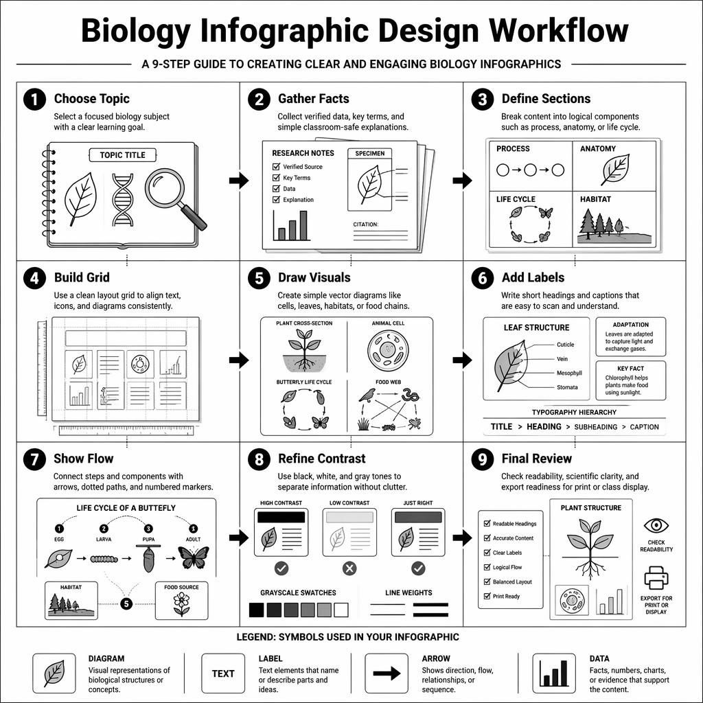 Black-and-white portrait biology workflow infographic with 9 numbered steps, arrows, icons, labels, and legend.