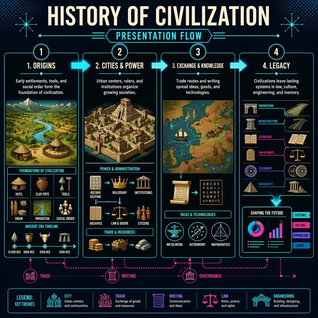 Landscape infographic poster showing 4 civilization stages with numbered panels, neon arrows, maps, city icons, and legend.