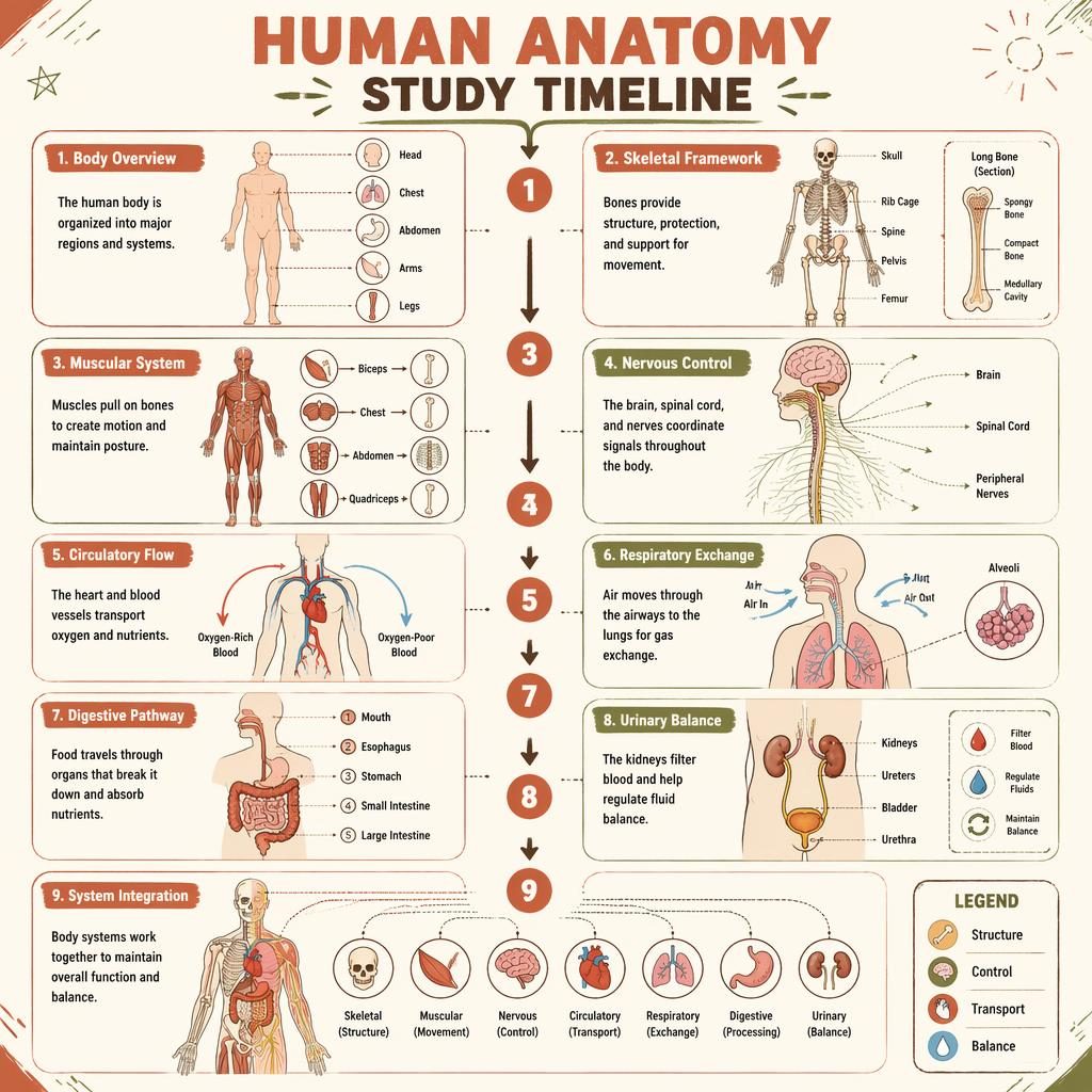 Portrait venngage timeline infographic with 9 anatomy panels, arrows, organ sketches, legend box, and warm earth tones.