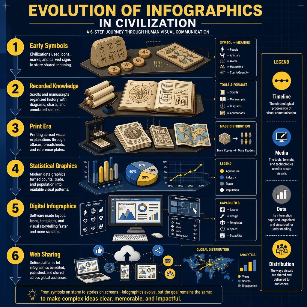 Póster infográfico vertical isométrico con 6 etapas históricas, flechas azules, paneles amarillos y leyenda lateral.
