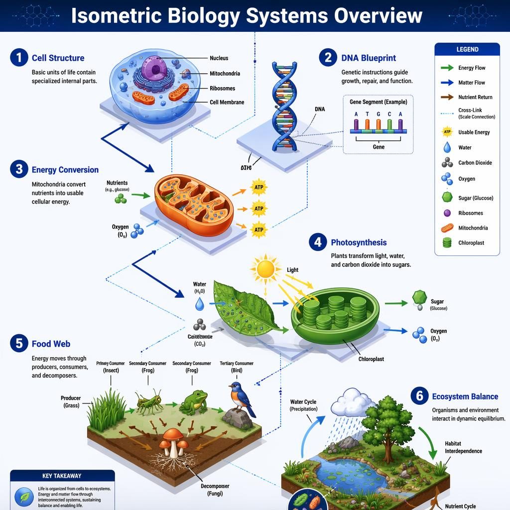 Portrait isometric biology infographic with 6 numbered panels on cells, DNA, ATP, photosynthesis, food web, and ecosystem balance.