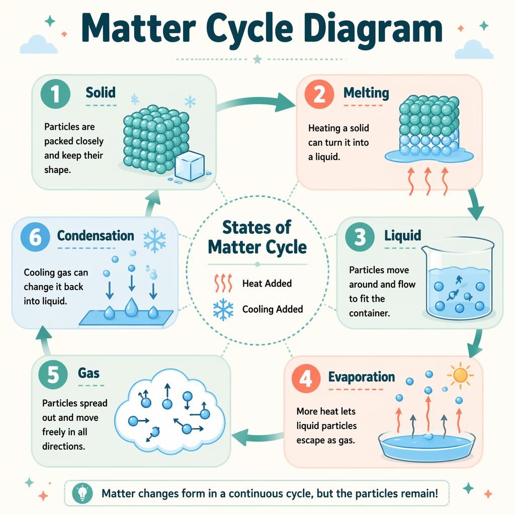 Portrait educational infographic showing a 6-step states of matter cycle with numbered panels, arrows, and pastel icons.