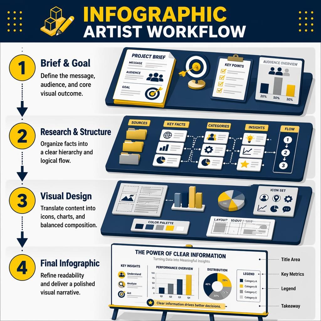Portrait isometric infographic poster showing 4 workflow steps with yellow number badges, navy arrows, charts, desk scenes.