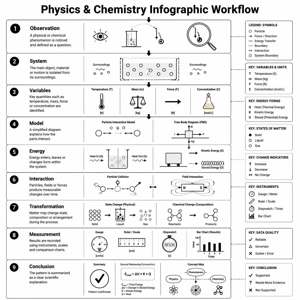 Black and white 9-step figma infographic poster showing physics and chemistry workflow with icons, arrows, labels, and charts.