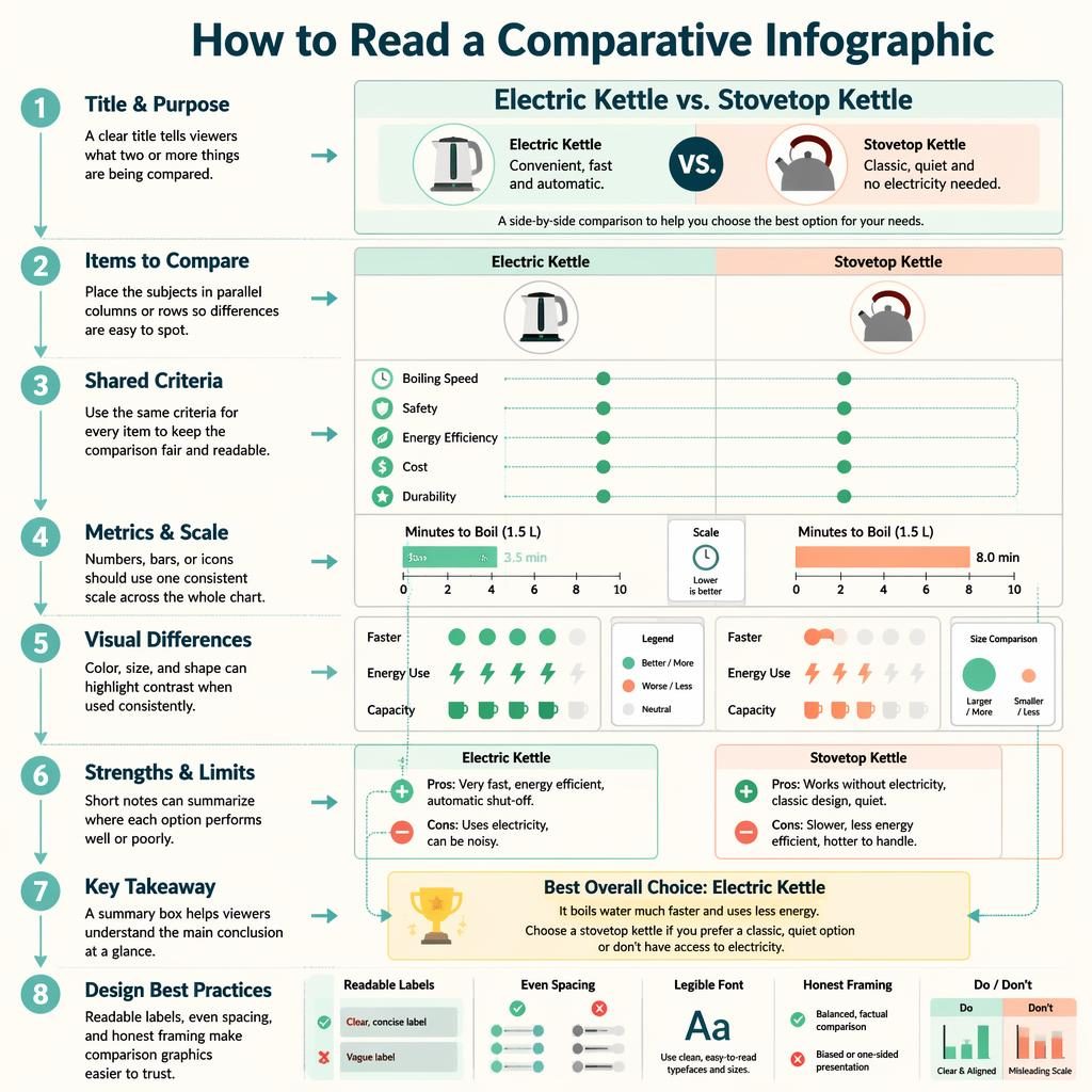 Portrait comparative infographic poster with 8 numbered sections, arrows, columns, charts, checklist grid, and summary box.