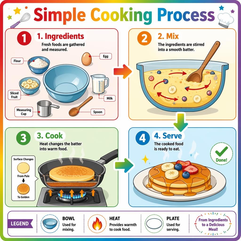 Kid-friendly 4-step cooking infographic poster with ingredients, mixing bowl, pan cooking, plated dish, rainbow arrows.