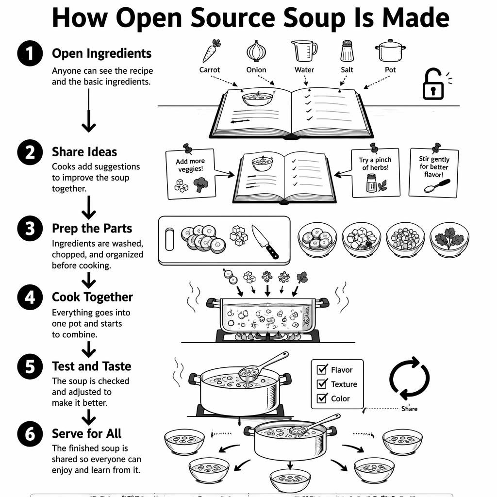 Black and white kids infographic poster showing 6 numbered steps of open source soup making with cookbook, prep, pot, taste, and serving.