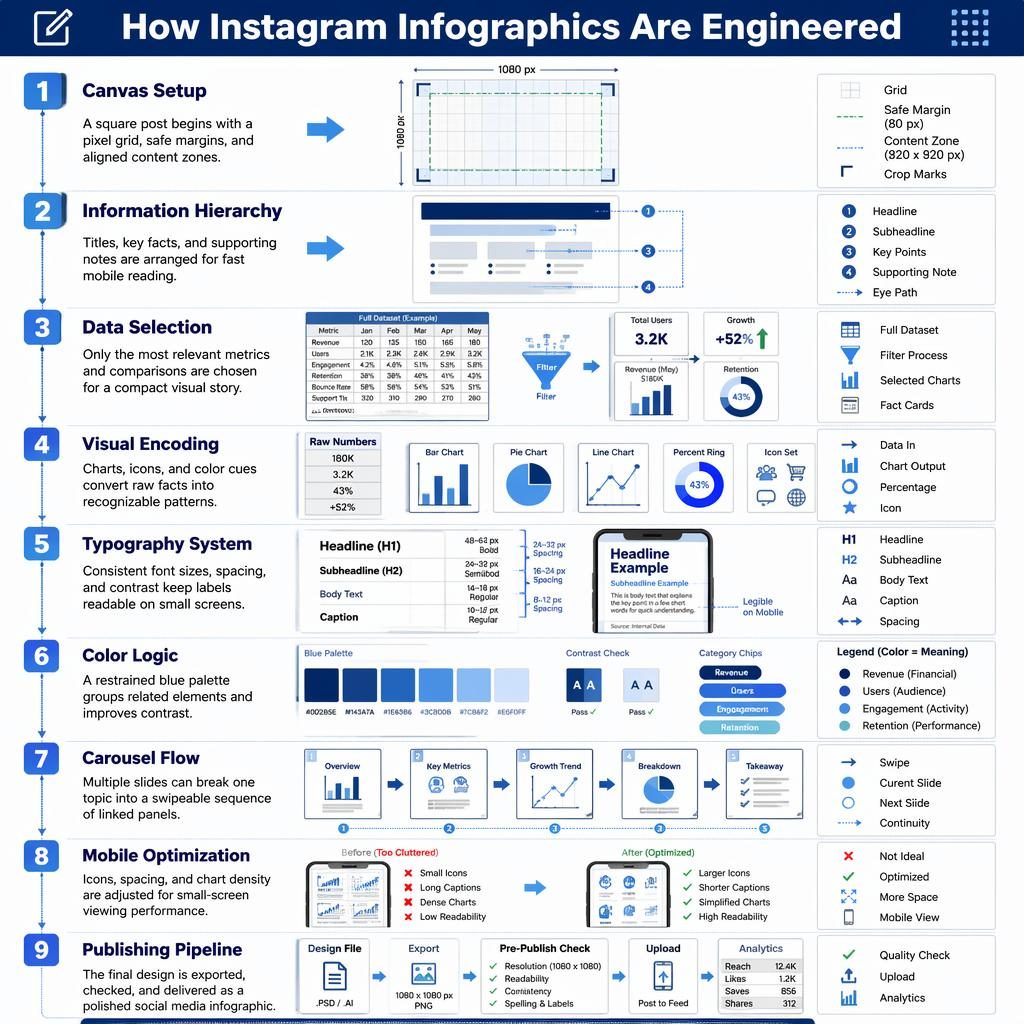 Portrait educational poster showing 9 numbered steps of Instagram infographic design with blue arrows, charts, grids, type, color, and publishing diagrams.