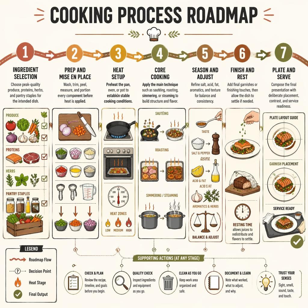 Landscape roadmap infographic poster showing 7 cooking stages with numbered circles, arrows, icons, and earth-tone sketches.