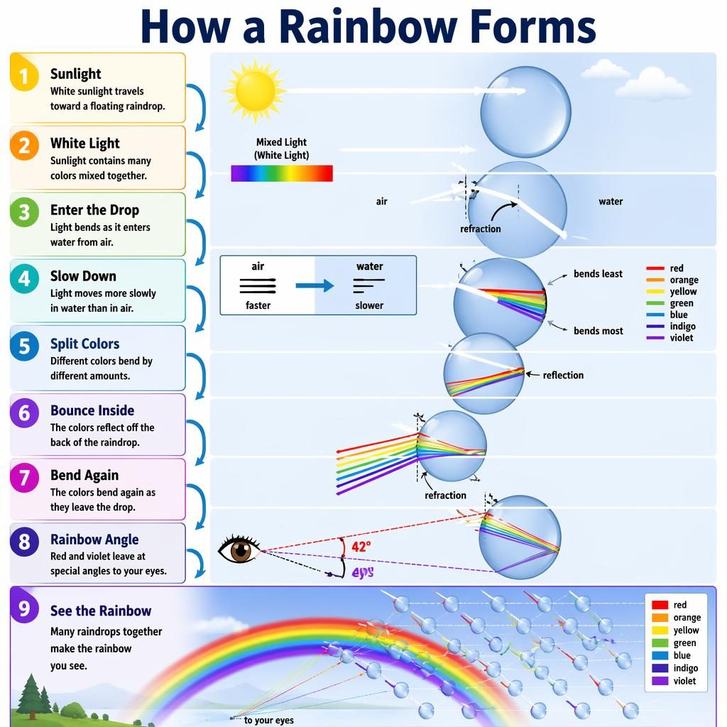 Portrait minimalist infographic with 9 numbered stages explaining rainbow formation in a cutaway raindrop diagram.