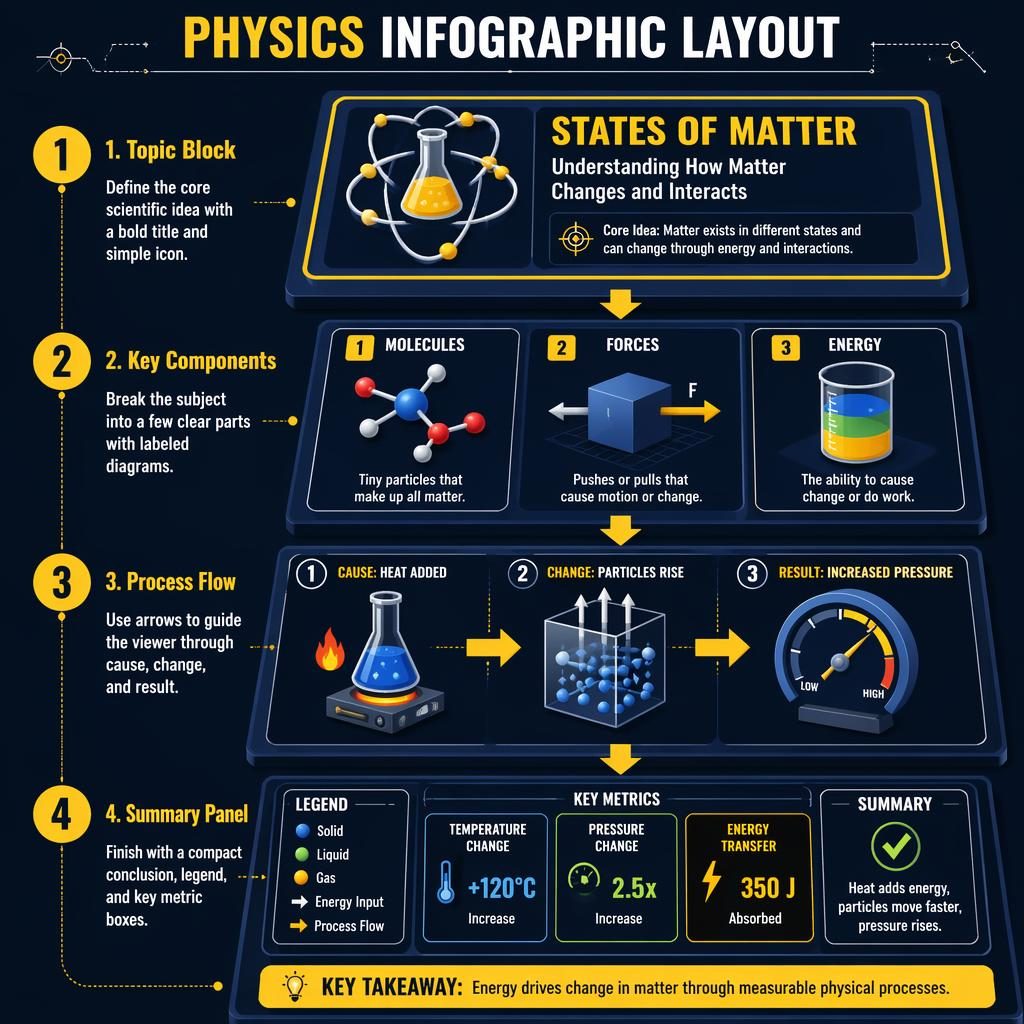 Portrait physics infographic layout with 4 numbered isometric panels, yellow and navy arrows, atom, flask, diagrams, and summary.