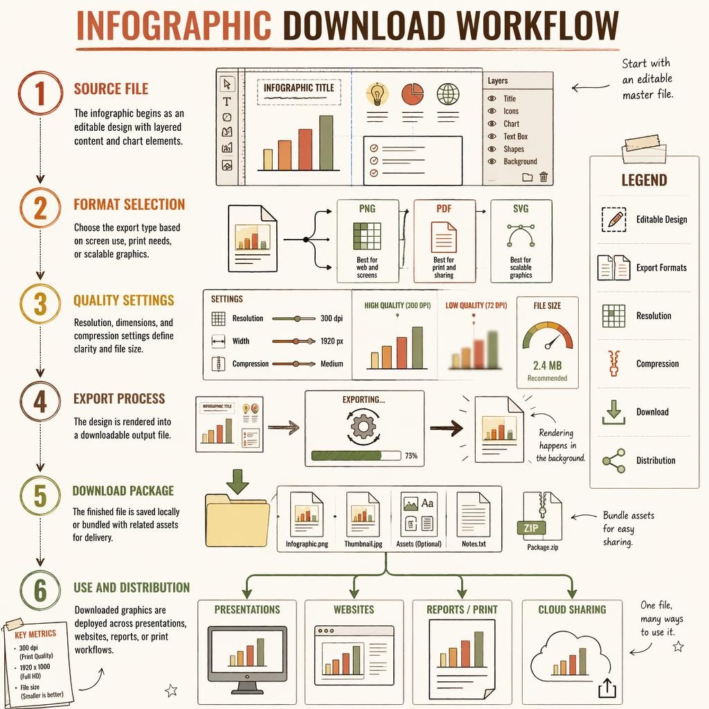Portrait whiteboard infographic showing a 6-step infographic download workflow with arrows, icons, legend, and export settings.