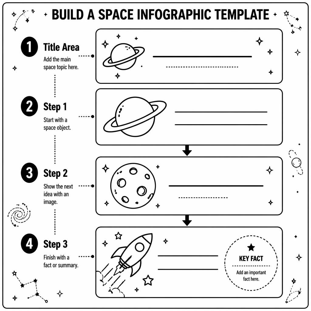 Black and white kids space infographic template poster with 4 numbered boxes, arrows, stars, planets, moon, and rocket.
